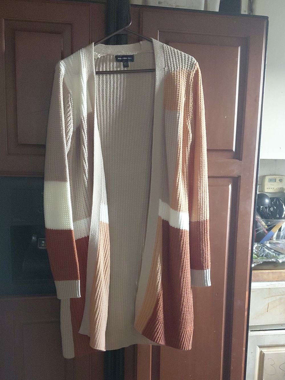 Long Open-Front Colorblock Cardigan Sweater - Beige/Brown